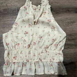 Floral Ruffle-Hem Crop Top in Cream